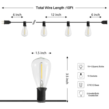 10-Light Indoor/Outdoor 10 ft. Rustic Industrial ST38 Clear Bulb String Lights